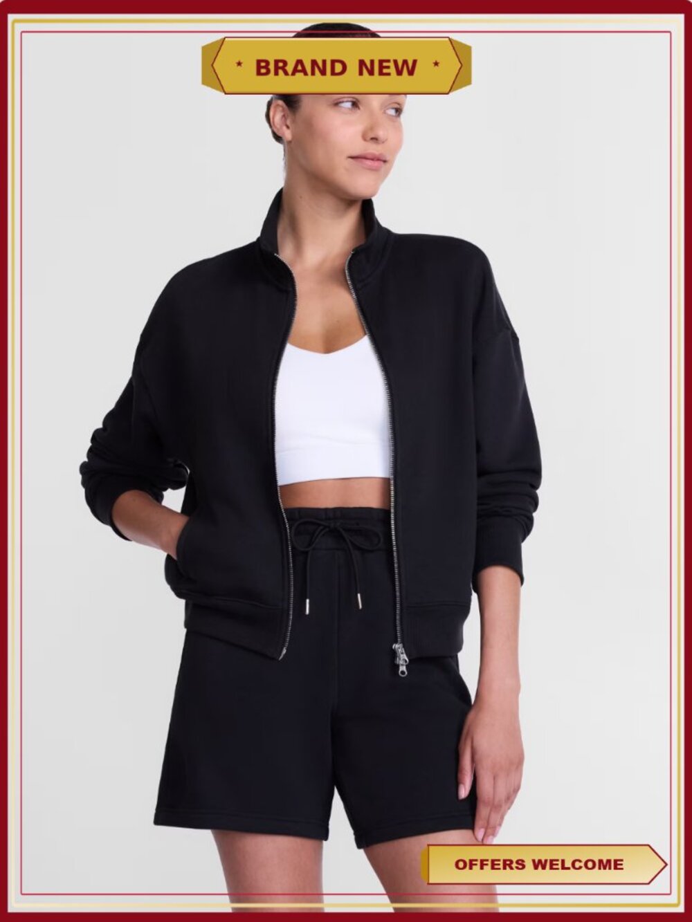 Cropped Fleece Bomber Jacket Long Sleeve Zip Side Pockets